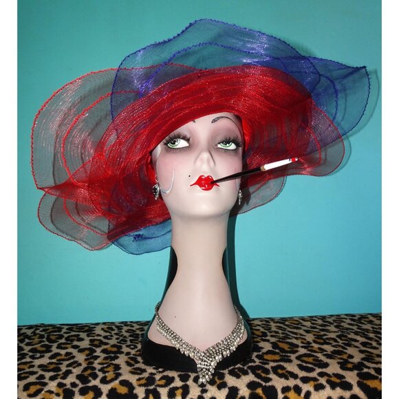 Vintage Purple & Red Sheer Wide Brim Sun Hat summer church hat pinup retro glam main image 9